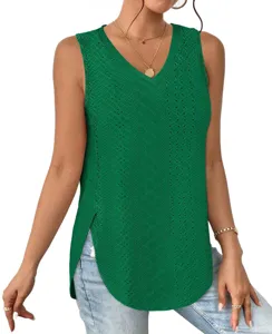 Detailed view of the green V-neck sleeveless eyelet jacquard top with side split hem design.