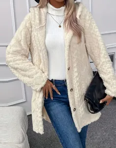 Women fluffy hooded fleece cardigan casual long sleeve button up outerwear winter cozy warm