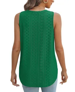 Detailed view of the green eyelet jacquard sleeveless V-neck top back showcasing hollow design.