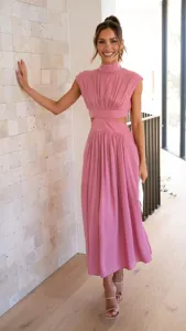 Summer high neck solid cut out midi dress detail view, elegant street fashion style long dress.