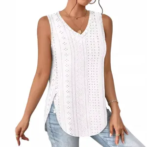 Women's Summer V-Neck Eyelet Jacquard Sleeveless Tank Top Casual Loose White Vest