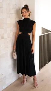 Elegant black cut-out mock neck midi dress for women, chic summer street fashion style.