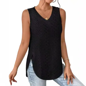 Women casual V-neck sleeveless eyelet jacquard tank top basic summer solid color top