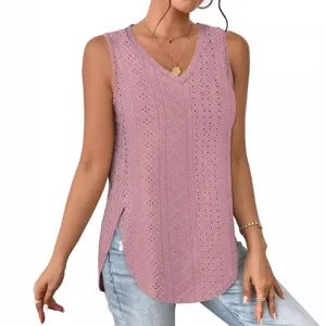 Women's V-neck sleeveless eyelet jacquard tank top casual summer blouse with side slits.