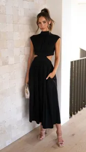 Detail view of the elegant black stand collar cut-out waist long dress, chic summer style.