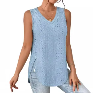 Light blue V-neck sleeveless eyelet jacquard tank top for women, casual summer top.