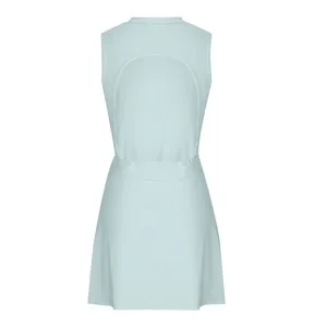 Light blue open back athletic tennis dress detail, sleeveless romper fitness sportswear.