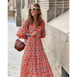 Automne nouveau boho imprimé géométrique robe longue manches longues mode femme streetwear