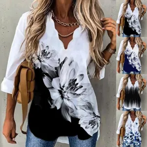 Damen Lässige Langarm Bluse Bogen V-Ausschnitt Blumenmuster Pullover Top Mode Elegantes Pendler Hemd