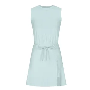 Light blue sleeveless athletic tennis dress detail, drawstring waist, side slit.