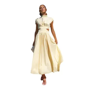 Women's Elegant Mock Neck Cut-Out Solid Color Maxi Dress Summer Fashion Streetwear