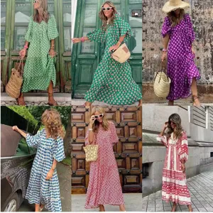 Robe Maxi Femme Manches Longues Col V Manches Bouffantes Patchwork Géométrique Casual Ample Grande Taille Élégante