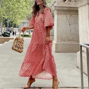 Robe longue rouge géométrique à manches bouffantes col V style urbain pour femmes