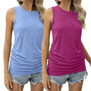 Damen Sommer einfarbige ärmellose Rundhals Strick Tanktop mit seitlichen Falten.