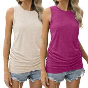 Damen Sommer einfarbig ärmellos Tanktop Rundhalsausschnitt lässig Strick schmale Falten