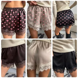 Women satin lace trim shorts high waist loose spring summer casual sleepwear loungewear
