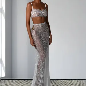 Elegant white lace two piece set crop top and long mermaid skirt with waist chain.