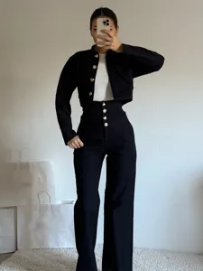 Damen Hosenanzug Set schwarze kurze Jacke und hohe Taille gerade Hose elegante Mode