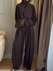 Dark brown stand collar frog button loose wide leg pants set casual loungewear fashion outfit