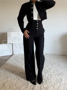 Damen Pendler Zweiteiler Anzug mit Stehkragen Goldknopf Langarm Jacke Hochbund Hose
