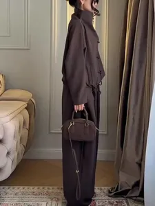 Detailed view of the brown mandarin collar chic lazy style outfit set, highlighting wide leg.