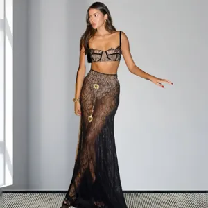 Women black lace two piece set sleeveless crop top long mermaid skirt with chain belt