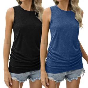 Damen Sommer einfarbig aermellos Tanktop Rundhals laessiges Strick Oberteil schwarz blau Set