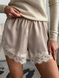 Elegant satin lace trim shorts for women, high waist relaxed fit summer casual lounge wear.
