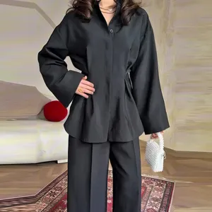 Damen Langarm Hemd mit Knöpfen und weite Hose Set lässiges schwarzes Zweiteiler Detail