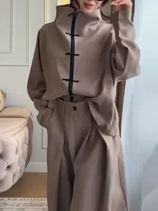 Casual stand collar frog button top and wide-leg pants set for women, chic and comfortable.