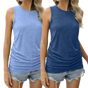Damen Sommer einfarbig ärmellos Tanktop Rundhalsausschnitt lässig Strick Shirt Seitenfalte