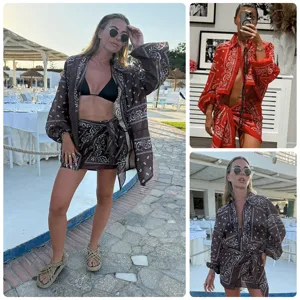 2026 κομψό σετ παραλίας με paisley print κιμονό ζακέτα και ασορτί φούστα γυναικεία.