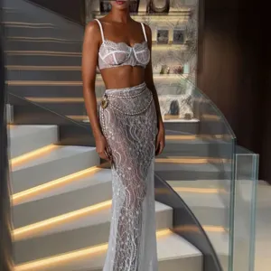 Sexy lace two-piece set camisole crop top and sheer fishtail skirt with pearl chain detail