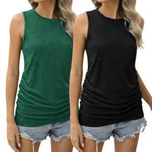 Damen Sommer Aermellos Rundhals Strick Tanktop Laessiger Slim Seitlich Gerafft Detail