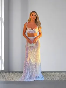 Women's Sexy Lace Two Piece Set Sleeveless Crop Top And Long Mermaid Skirt Elegant Party Club Outfit