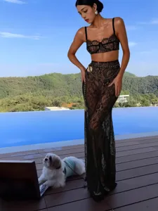 Black lace two-piece set sexy bralette and long mermaid skirt with chain belt elegant party