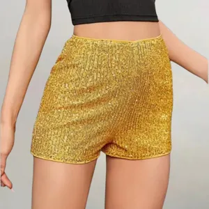 Shorts Chauds Pailletés Droits Ajustés Taille Mi-Haute pour Femmes Étincelants pour Fête Clubwear Mode Shorts Pailletés