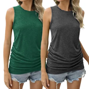 Nahaufnahme Detailansicht des ärmellosen Damen Tanktops mit Rundhalsausschnitt in grün grau.
