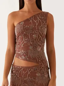 Top sans manches asymétrique brodé de perles et de sequins tendance pour les femmes chic
