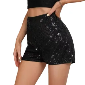Shorts taille haute à sequins noirs pour femmes, short moulant brillant pour soirée club.