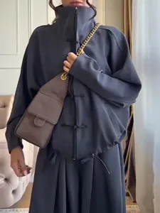 Women Casual Stand Collar Cardigan Long Sleeve Top Wide Leg Pants Drawstring Waist Polyester Spandex Top And Bottom