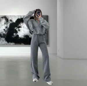 Mujeres Casual Color Sólido Sudadera con Capucha Y Pantalones Conjunto Manga Larga Zip Cardigan Superior E Inferior Suelto Moda Traje