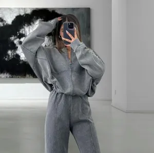 Conjunto de chándal deportivo de mujer liso casual y holgado, sudadera con capucha y pantalón.