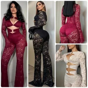Sexy lace cutout long sleeve flared jumpsuit party clubwear for women wine red black white