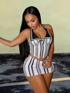 Damen Sexy Halter Ärmellos Crop Top Und Bodycon Minirock Set Bedruckt Gestreift Farbblock Zweiteiliges Outfit