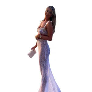 Sexy white lace two piece set camisole crop top and fishtail long skirt for women.