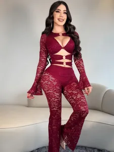 Sexy burgundy lace cutout long sleeve jumpsuit with ring straps and bell sleeves for party