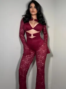 Sexy deep V ring lace long sleeve tight club party jumpsuit set for women fashion apparel