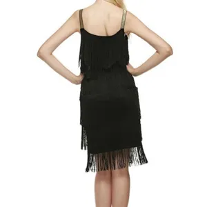 Schwarzes ärmelloses Fransenkleid rückenfreies Partykleid glitzernde Träger Vintage
