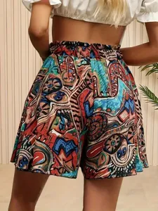 Ete taille haute imprime abstrait colore short jambe large de plage vacances vetement chic
